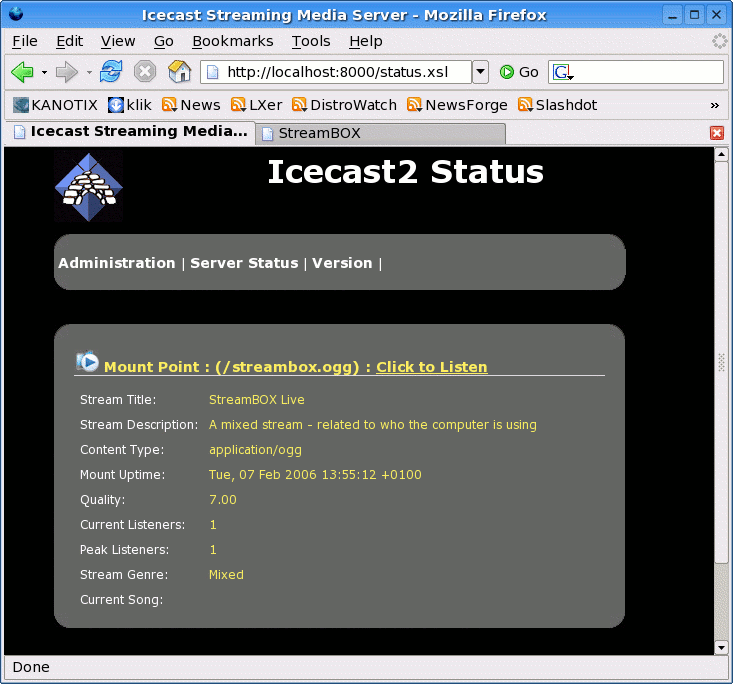 the Icecast2 status page